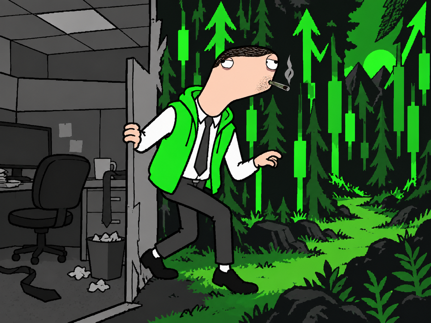 Hunter Hood leaving an office cubicle for a neon green forest