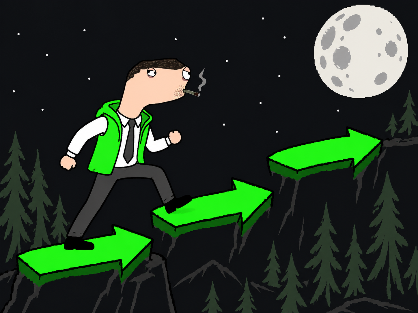 Hunter Hood following hand-drawn green signs toward the moon